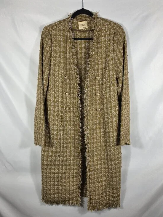Elie Tahari Sparkle Desert Plaid Tweed Long Blazer Size Medium Ivory & Tan Plaid - Picture 1 of 12